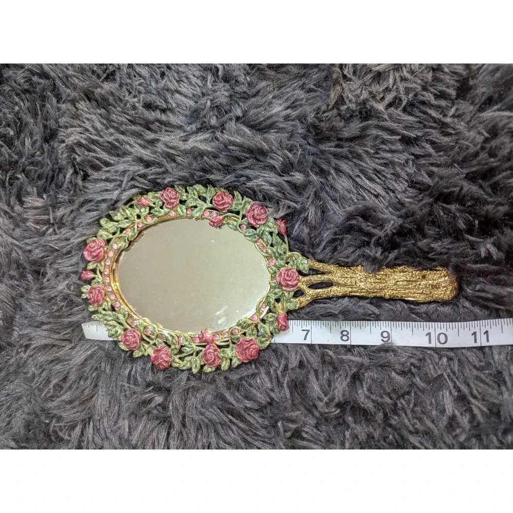 Vintage Ornate Rose Hand Mirror‎ Gold Tone Pink Rhinestone Floral Vanity